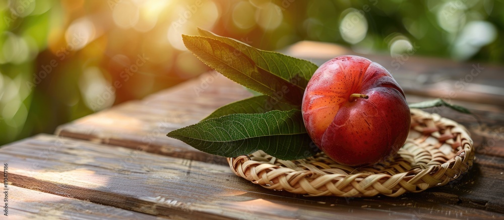 Poster close up of a juicy nectarine with leaves on a wicker plate situated on a bright wooden table in the