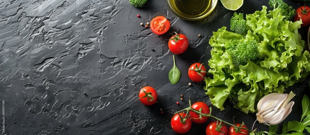 Poster Fresh green salad with tomatoes dressed in oil and lime presented on a black table with ingredients around it creating a perfect copy space image