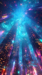 Tall skyscrapers illuminated by vibrant neon lights in a cyberpunk atmosphere.
