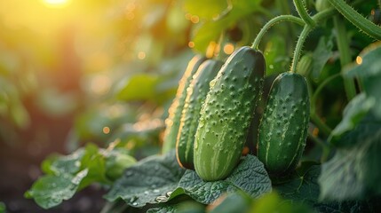 Obraz premium Vibrant Green Cucumbers Bask in Golden Sunlight on a Summer Morning. Generative AI
