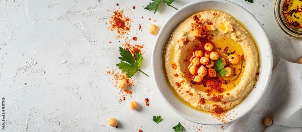 Poster text space available for caption on a flat lay with a tasty hummus dish featuring chickpeas and papr