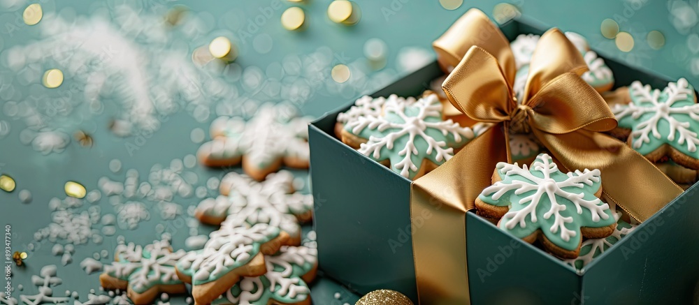 Poster festive gift box with golden bow filled with snowflake shaped cookies featuring a new year s and chr