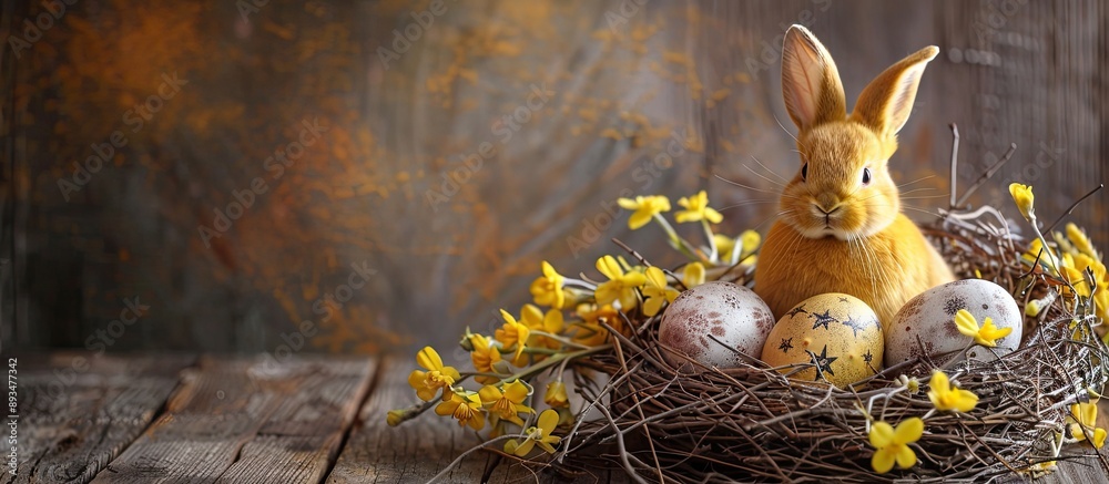 Poster Holiday card with natural dyed Easter eggs and rabbit decorations on a wooden background alongside a stylish yellow bunny in a nest of spring flowers on a rustic table with copy space image