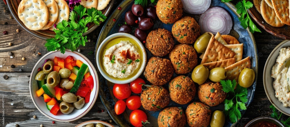 Poster Top view of a falafel platter displayed with hummus olives crackers and vegetables demonstrating a mindful vegan food idea in a copy space image
