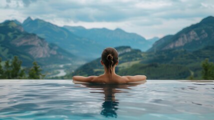 Back view of a female in spa pool with beautiful scenic view