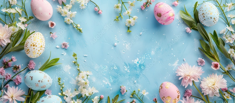 Aufkleber An Easter themed flat lay frame background featuring colorful eggs and spring flowers ideal for a spring holiday greeting card with a copy space image