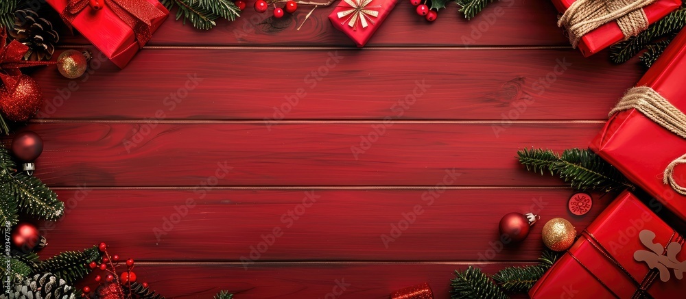 Poster Red table with room for text beside Christmas presents in a copy space image