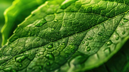 Macro shot of a green leaf with glistening water drops highlighting the veins