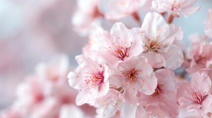 Naklejka premium A close-up image capturing the intricate details of delicate cherry blossoms, displaying their light pink and white petals that exude a sense of elegance and purity.