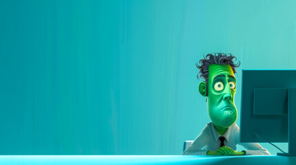 Exhausted office worker character staring at computer screen