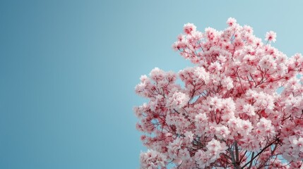 A cherry blossom tree fully adorned with blooming flowers takes center stage against a clear, bright blue sky, epitomizing the vibrancy and beauty of springtime.