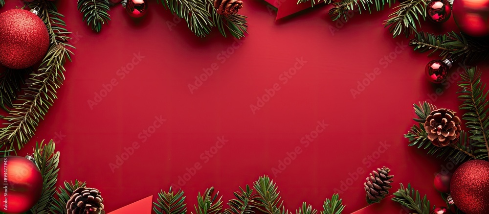 Leinwandbilder Top view table top frame with pine branches red paper texture and Christmas baubles creating a festive background for a greeting card with copy space image
