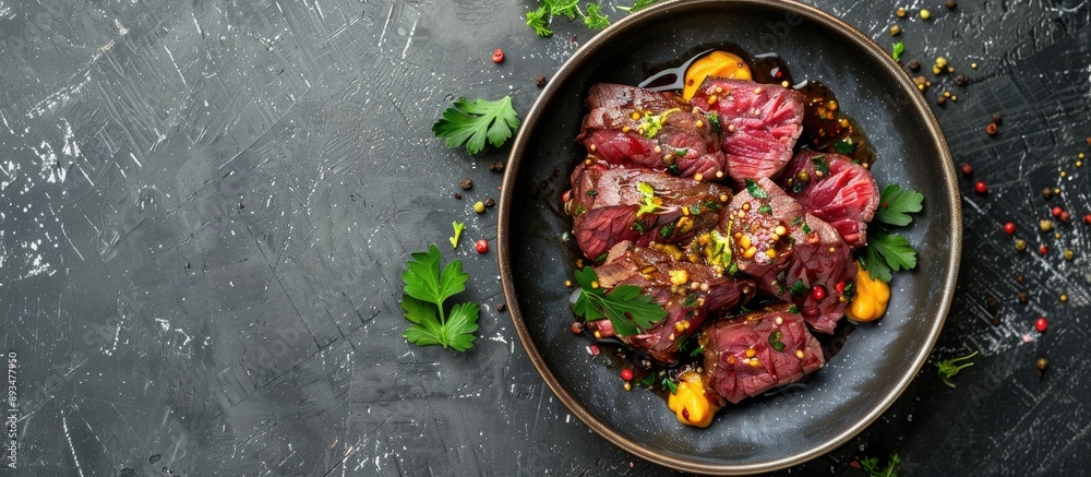 Poster a dish featuring sliced beef tongue with mustard on a gray background view from above with room for 