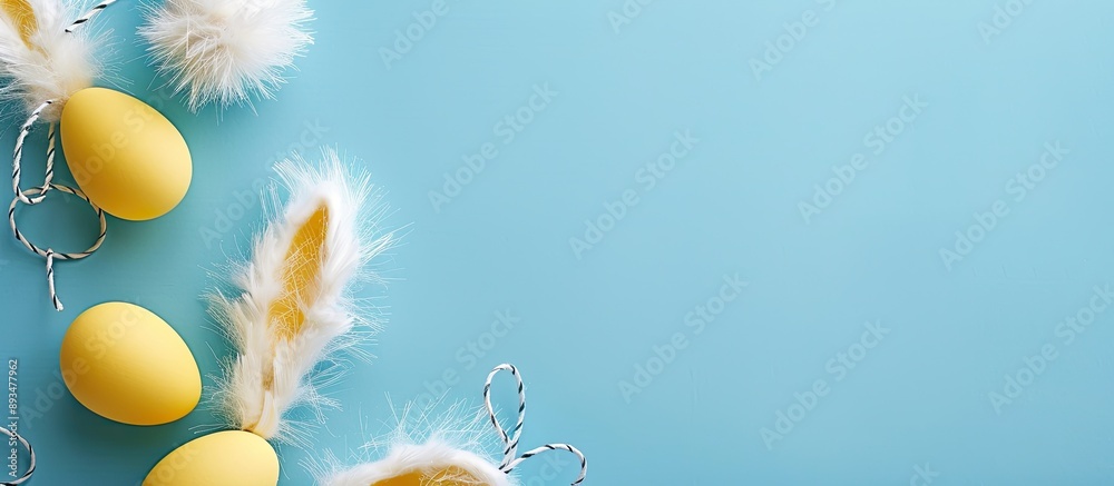 Aufkleber Top view of yellow paper eggs fluffy white rabbit ears on a blue background embodying an Easter and spring theme allowing for copy space image