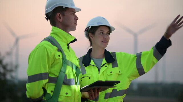 Engineers working and using a computer laptop on site in wind turbine farm, Wind turbines generate clean energy source, Eco technology for electric