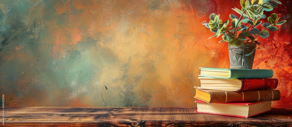 Poster educational books on a wooden desk against an abstract backdrop with copy space image ideal for back