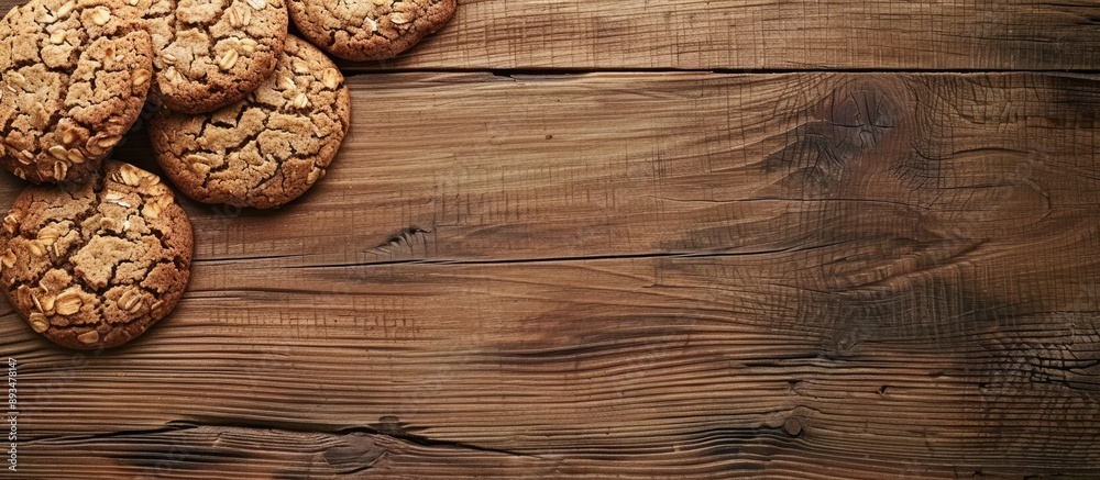Poster oatmeal cookies displayed beautifully on a wooden table with copy space image