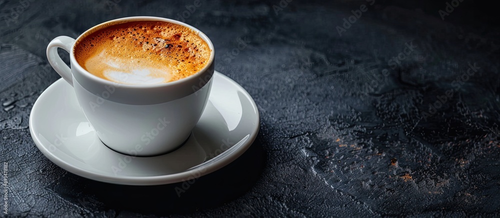 Poster Coffee cup with frothy foam on a white saucer against a dark backdrop with copy space image