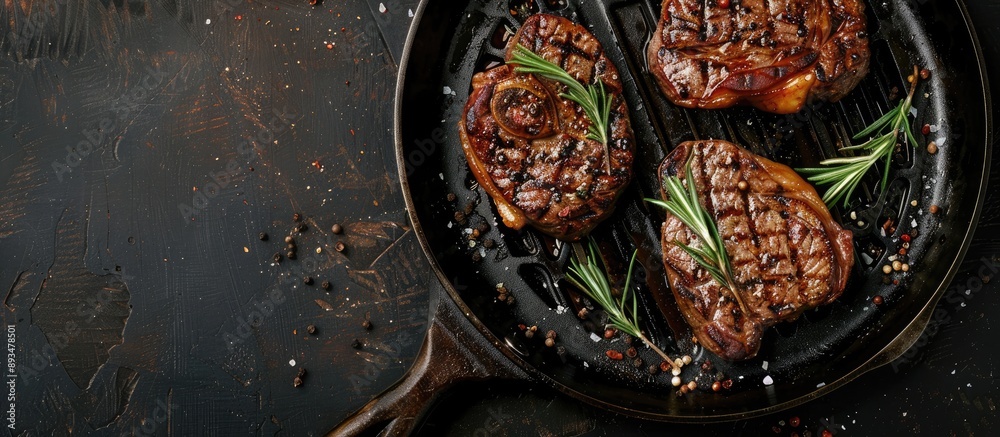 Poster rib eye steaks grilling on a pan with a background of copy space image