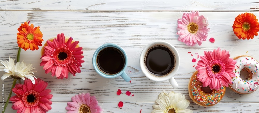 Poster top view of coffee cups donuts and gerbera flowers arranged on a white wooden table providing a copy