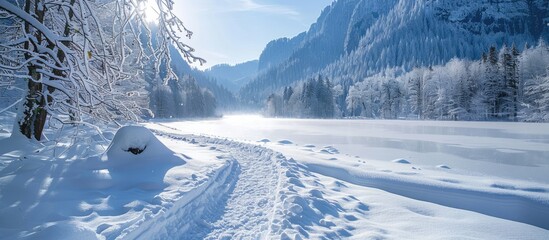 A picturesque winter scene showing a square trail alongside a frozen lake in a snow covered valley with a serene and tranquil ambiance ideal for a copy space image