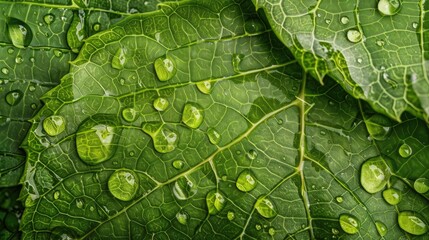 Fototapeta premium Macro shot of water droplets clinging to a leaf with detailed veins