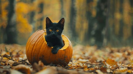 Black cat peers out from inside large pumpkin closeup image. Forest autumn leaves. Cute animal inside orange vegetable close up photography. Fall season kitten concept photo realistic