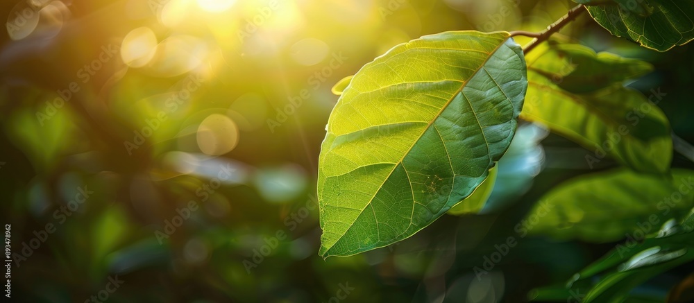 Sticker Green leaf with sunlight in garden surrounded by natural greenery offering a stunning nature view for a fresh wallpaper concept with copy space image available