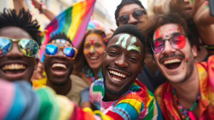 Pride in Full Spectrum: A joyous crowd revels in the vibrant celebration of LGBTQ+ pride, their faces painted with rainbow colors, capturing the spirit of love, acceptance, and equality. 
