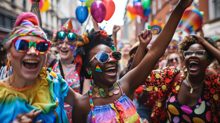 Obraz premium Pride Unites: Radiant smiles and vibrant colors fill the streets as a diverse LGBTQ+ community celebrates Pride with unbridled joy and solidarity. 