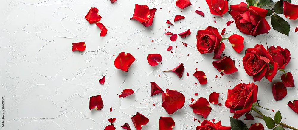 Poster Top down view of lovely red roses and petals on a white backdrop with room for text in the copy space image