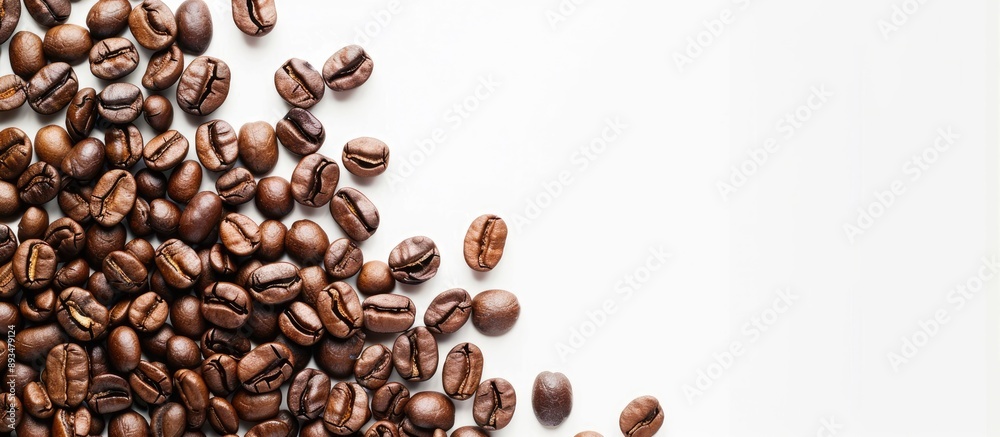 Poster copy space image of coffee beans on a white background ideal for coffee related designs or concepts