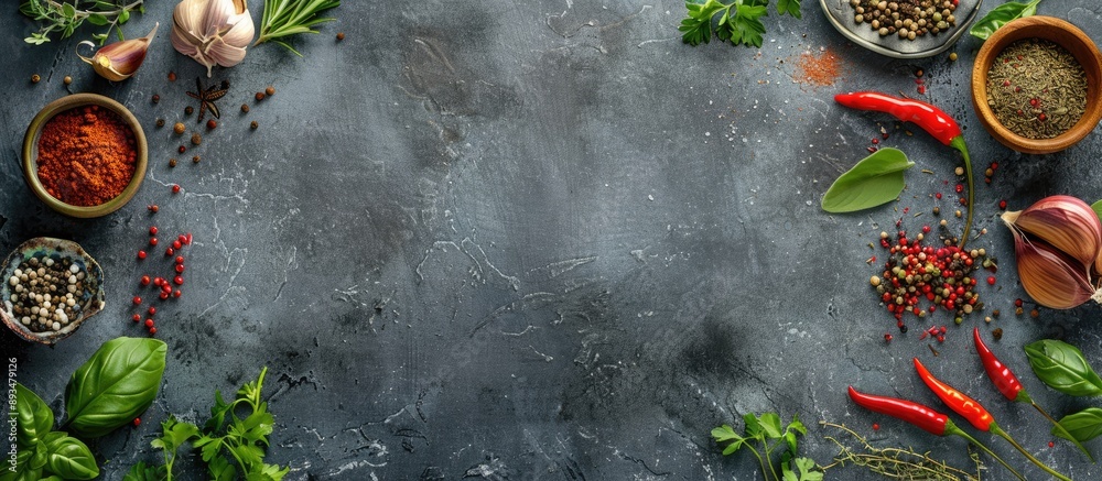Poster Top view of a gray stone table with an assortment of spices and herbs creating a food cooking background perfect for a copy space image