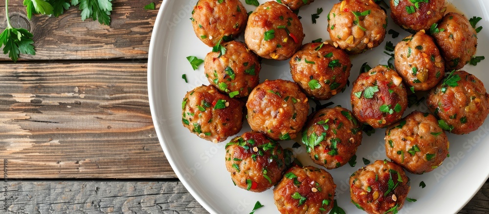 Poster chicken meatballs with a turkish twist seasoned with coriander parsley chili and pistachio arranged 