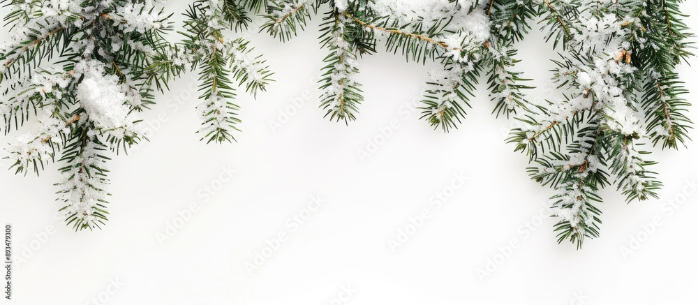 Poster winter themed card with fir tree branches covered in snow against a white backdrop perfect for addin