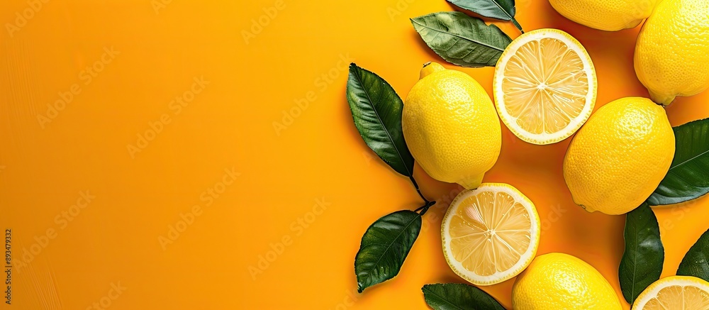 Poster Colorful background with lemons in a flat lay arrangement offering space for text within the image. copy space available