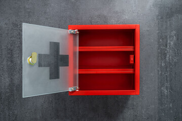 Open Red Metal Empty Medicine Cabinet Hanging On A Dark Gray Marble Wall Background. Front View