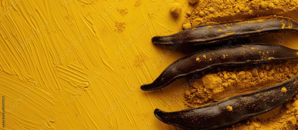 Poster Top view of carob bean and powder on a yellow or brown background with copy space image