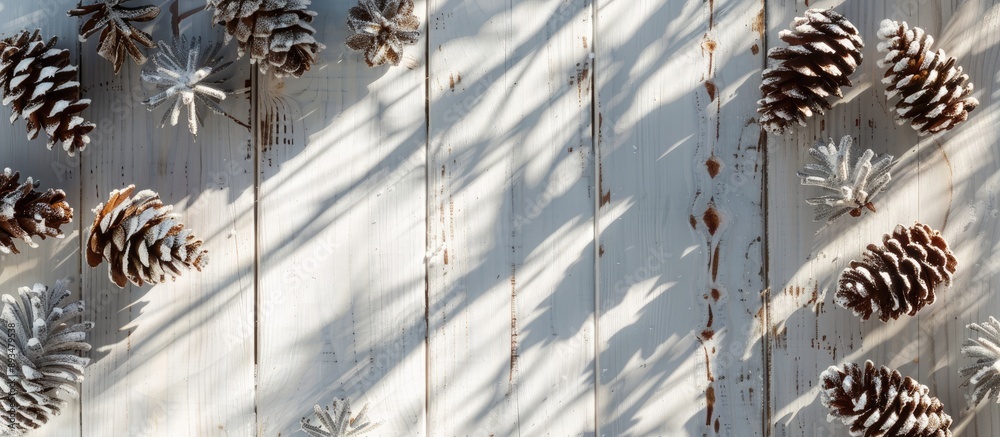Poster Rustic white wooden table adorned with snowy pine cones and a sunlit shadow creating a Christmas themed copy space image