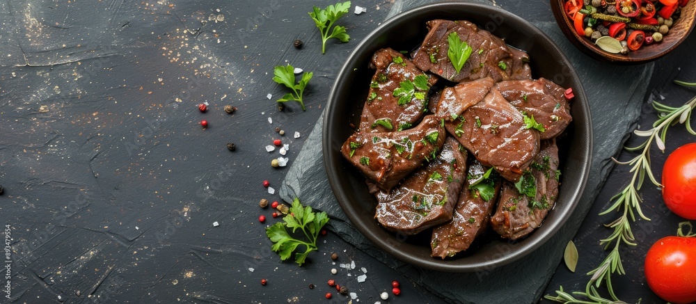 Poster spiced beef liver with herbs and vegetables on a stone table with copy space image