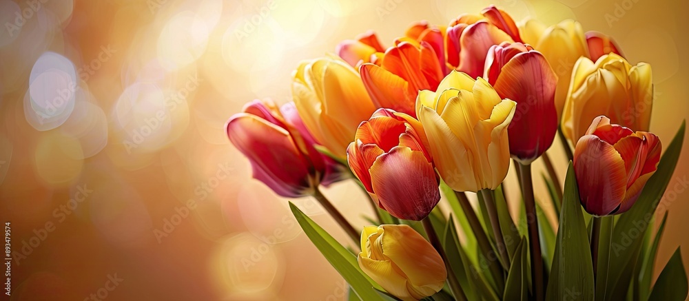 Poster colorful tulip bouquet on background with copy space image