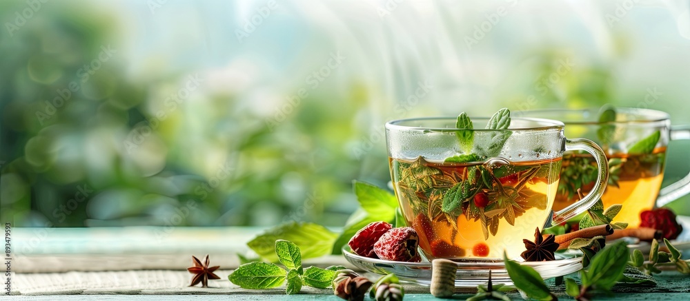 Poster healthful herbal tea beverage concentrated and ideal for wellness displayed with open space for text