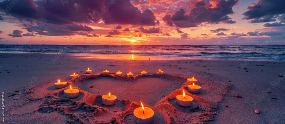 Poster Candles arranged in a heart shape on sandy beach during dusk set against a colorful sky with dark clouds overhead creating a romantic scene with copy space image
