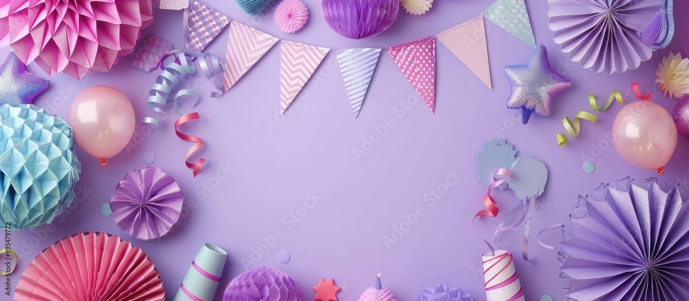 Poster Lilac background adorned with various party decorations around a vacant space for inserting images. copy space available