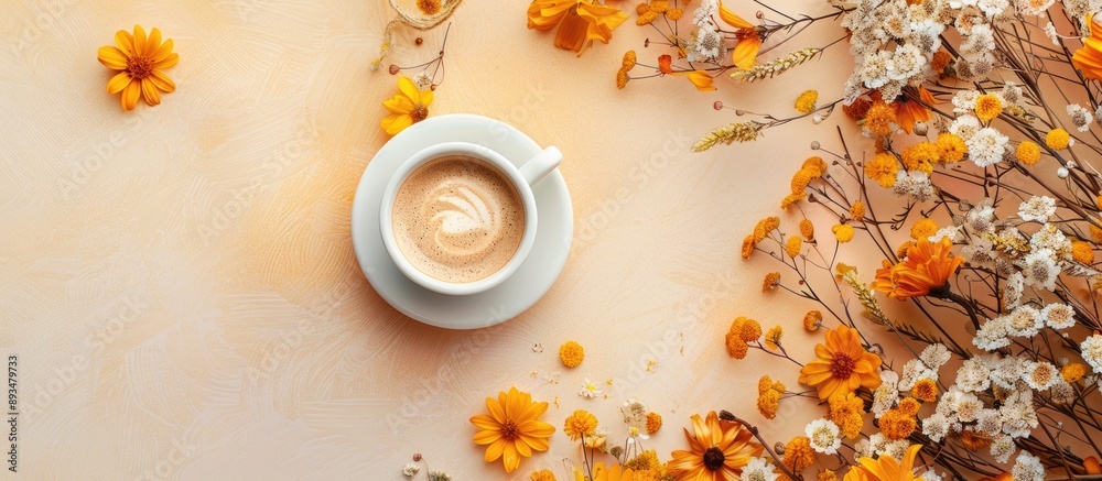 Poster Overhead view flat lay showcasing an autumn flower theme with a copy space image perfect for coffee lovers
