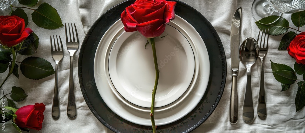 Poster Top view of an elegant black and white table setting with plates on linen featuring a blank label red rose and silverware creating a visually appealing copy space image