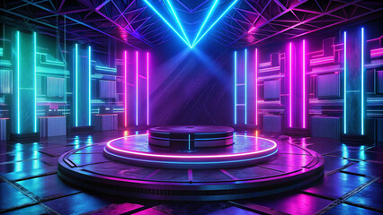 Neon lights neon background and platform in a nightclub 