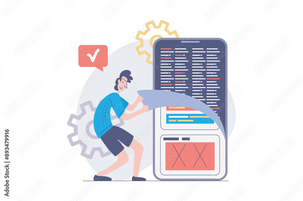 Poster App development concept in modern flat design for web. Man designer programming mobile software, engineering new product, testing and fixing wireframe interface, placing content. Vector illustration.