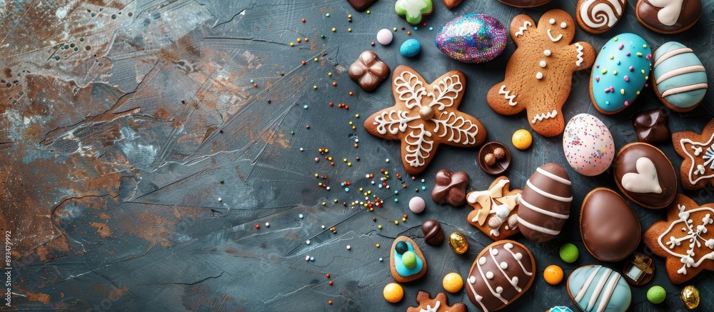 Aufkleber Top down view of an Easter greeting card featuring a variety of colorful gingerbread cookies chocolate eggs and candies displayed on a stone table with copy space image