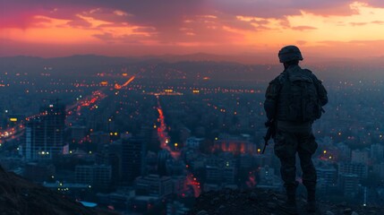 Fototapeta premium Soldier overlooking city at sunset